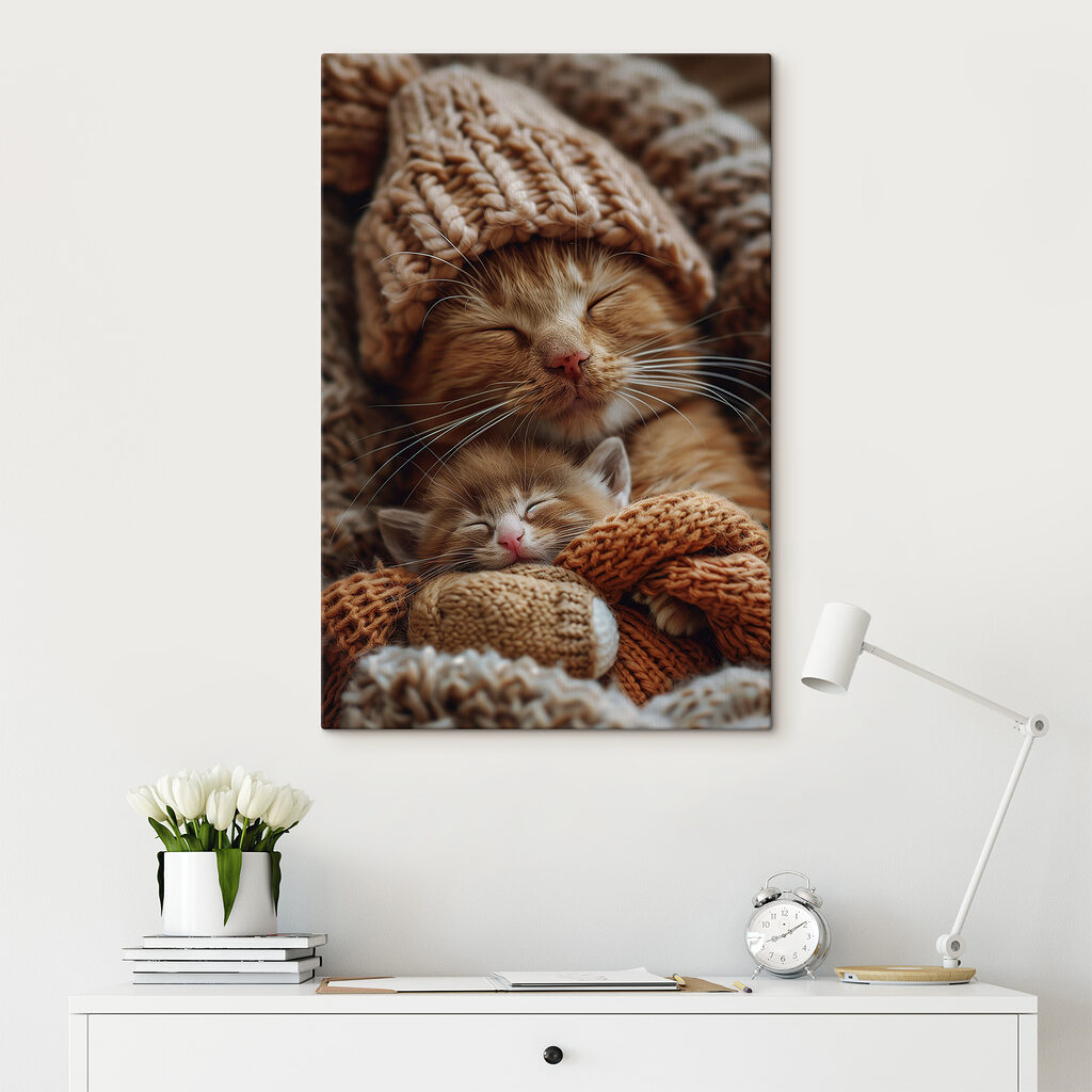Cat and kitten in knitted hats Cat and kitten in knitted hats