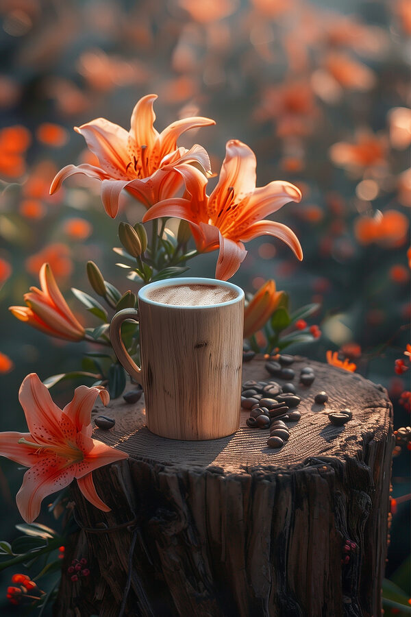 Cup of coffee on a stump with orange flowers Cup of coffee on a stump with orange flowers