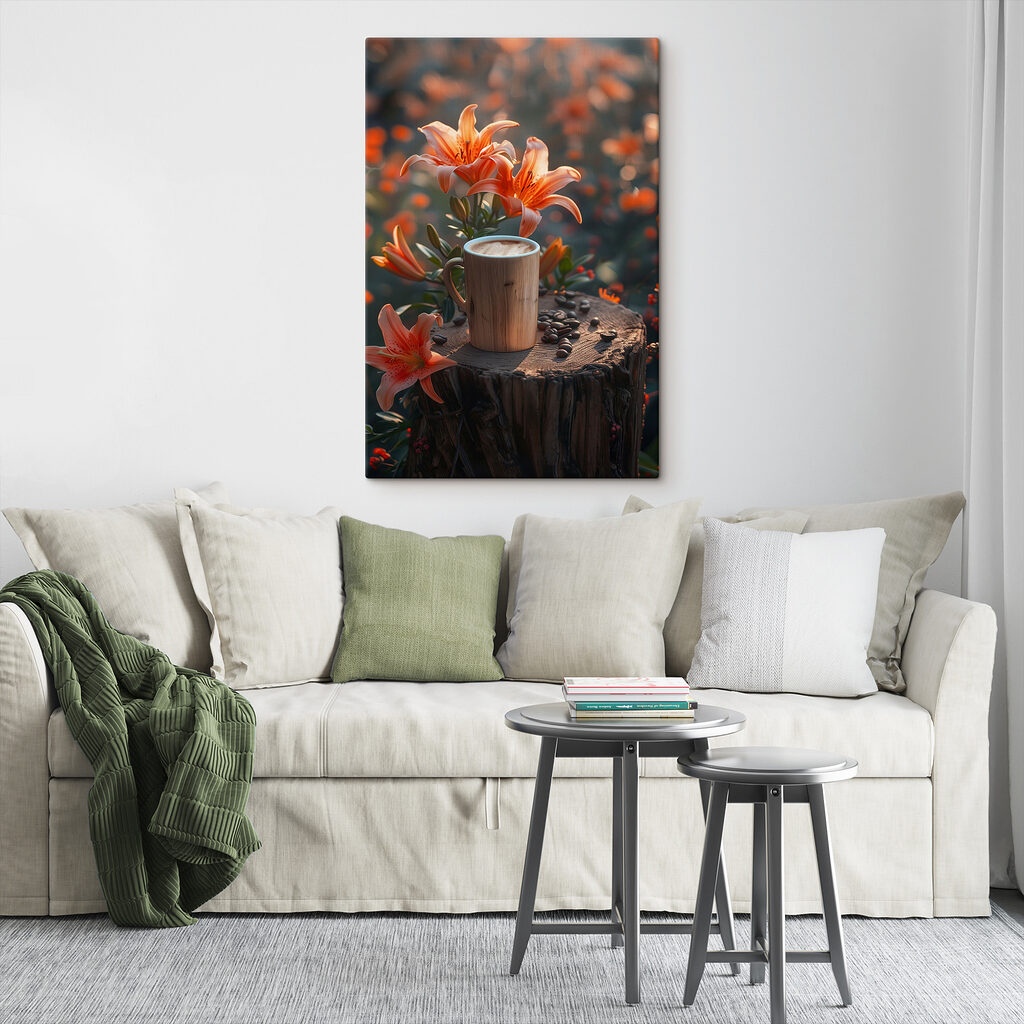 Cup of coffee on a stump with orange flowers Cup of coffee on a stump with orange flowers