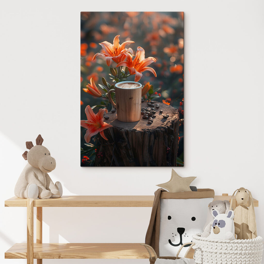 Cup of coffee on a stump with orange flowers Cup of coffee on a stump with orange flowers