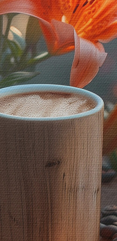 Cup of coffee on a stump with orange flowers Cup of coffee on a stump with orange flowers