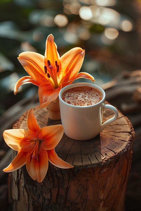 Cup of coffee and orange flowers Cup of coffee and orange flowers
