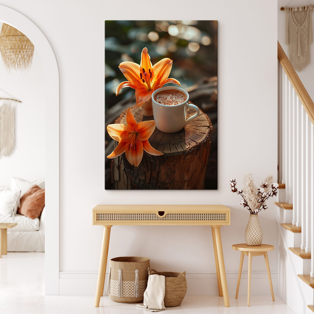 Cup of coffee and orange flowers Cup of coffee and orange flowers