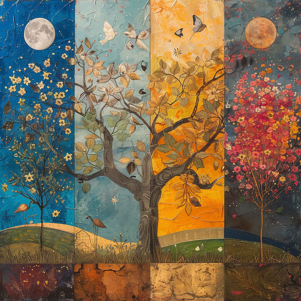 Painting of a tree with different colors of trees and birds Painting of a tree with different colors of trees and birds