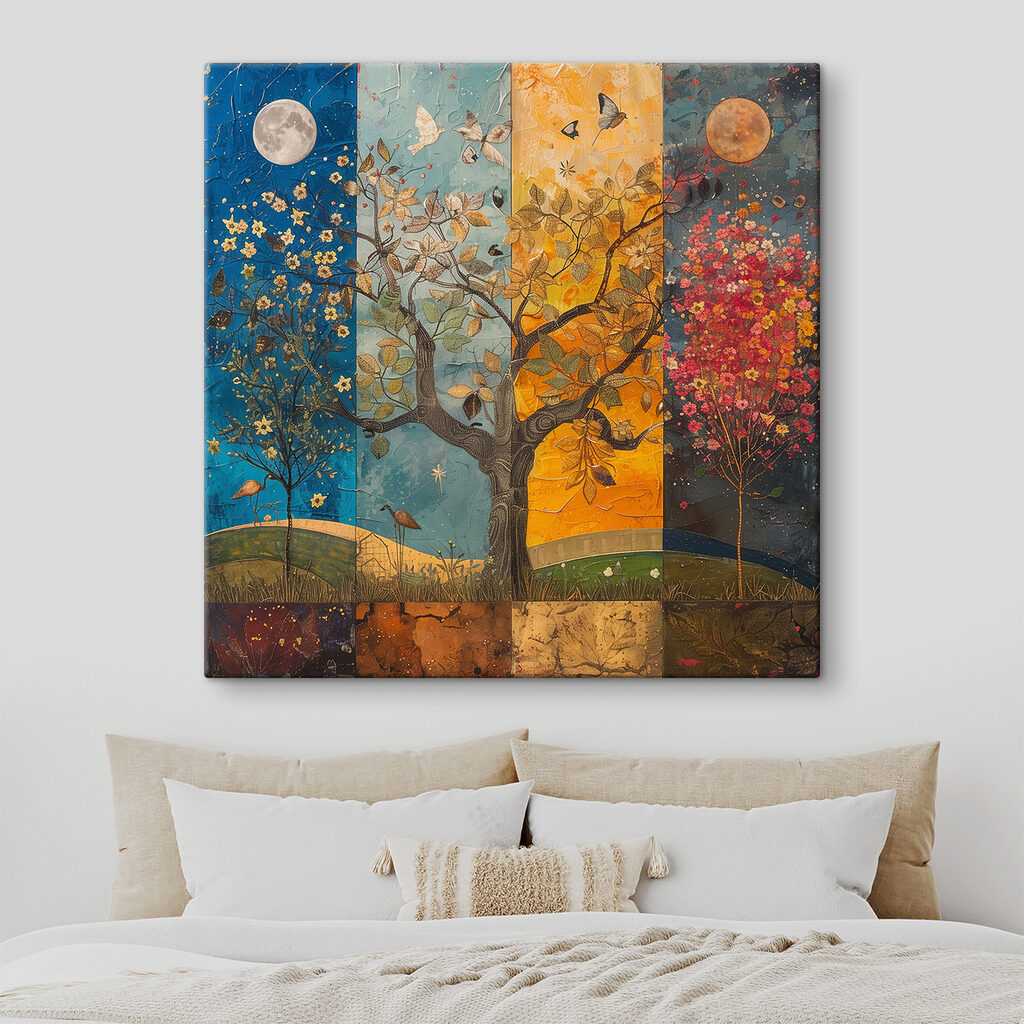 Painting of a tree with different colors of trees and birds Painting of a tree with different colors of trees and birds