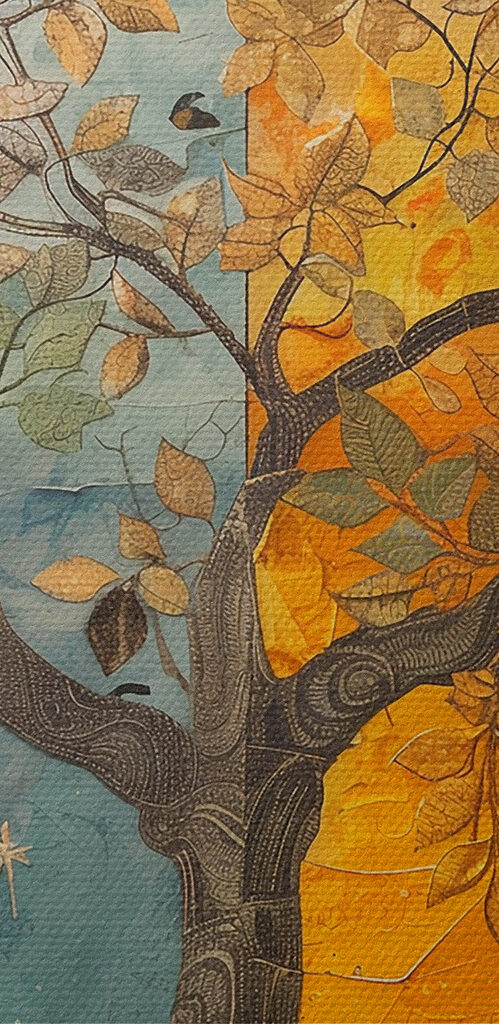Painting of a tree with different colors of trees and birds Painting of a tree with different colors of trees and birds