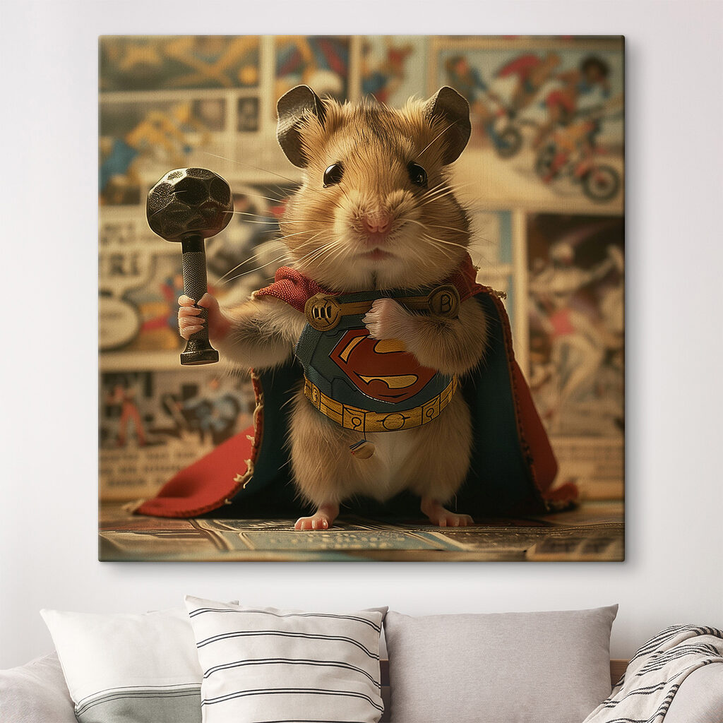 Hamster wearing a cape and holding a hammer