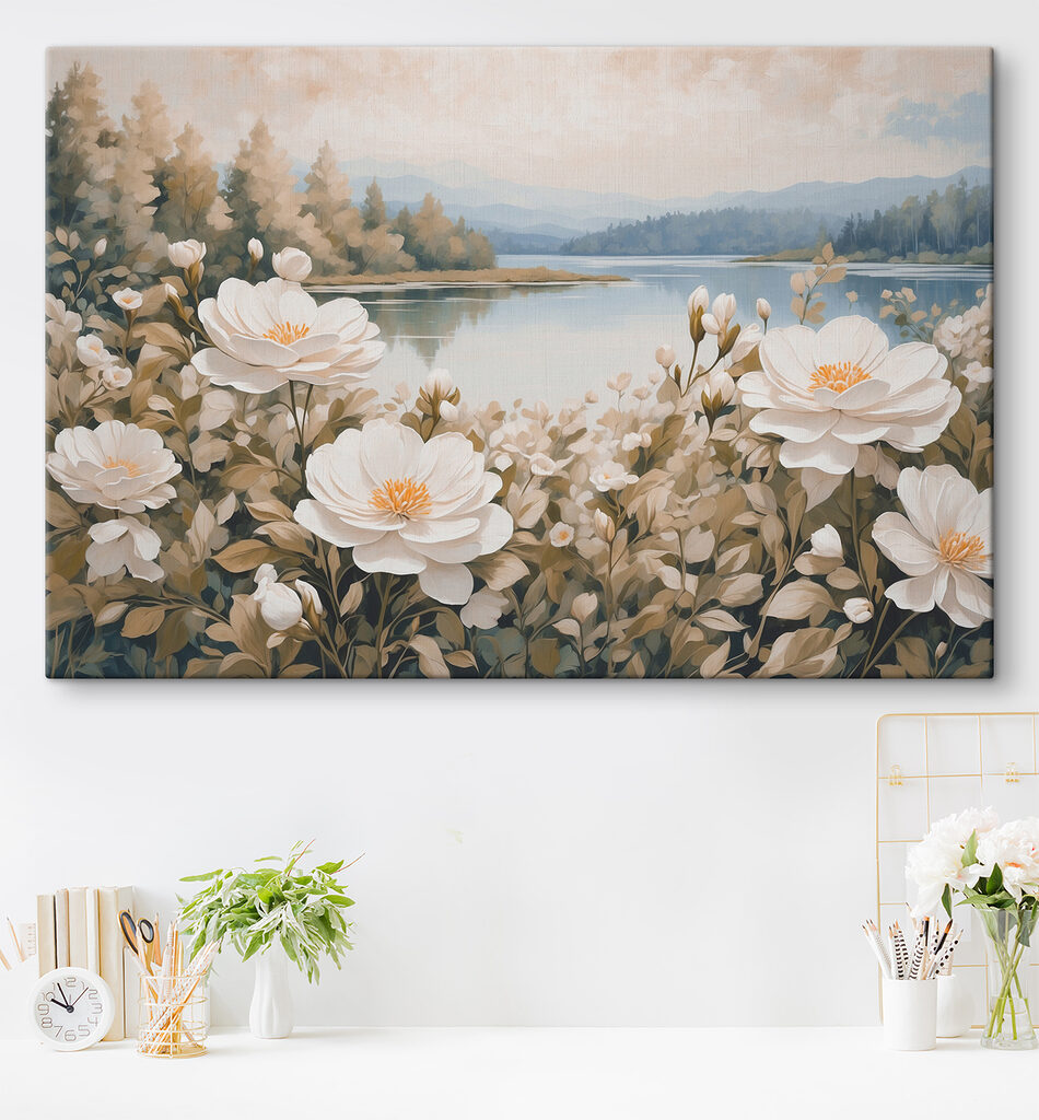 Painting of flowers by a lake Painting of flowers by a lake