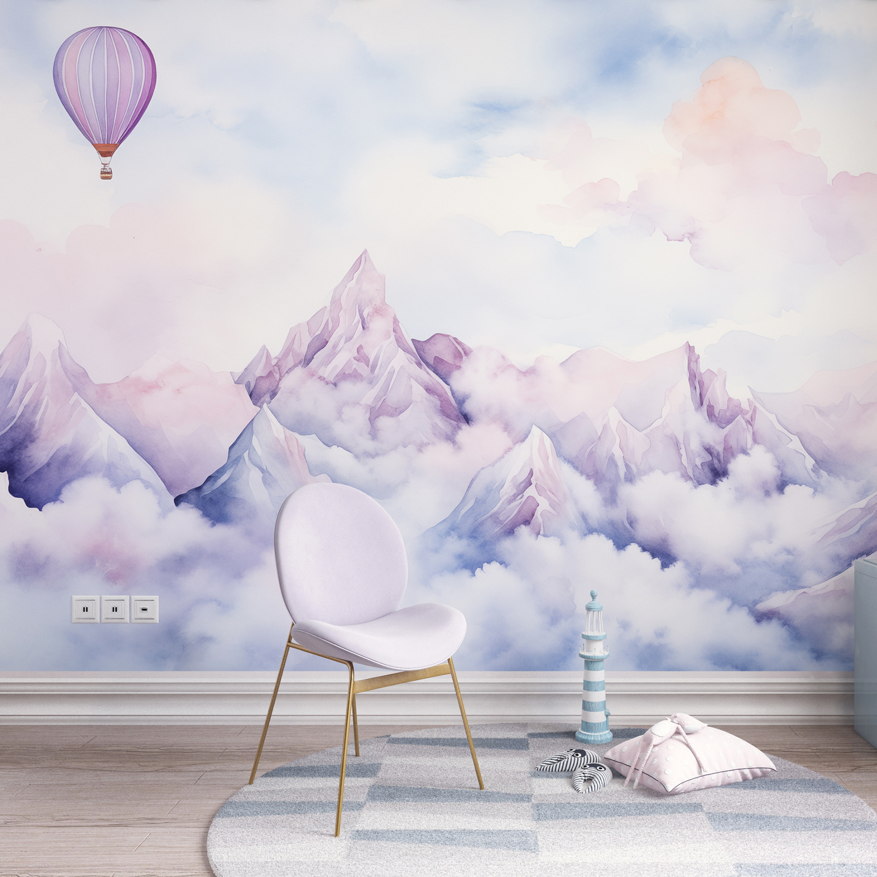 Painting of a mountain range with a balloon in the sky Painting of a mountain range with a balloon in the sky