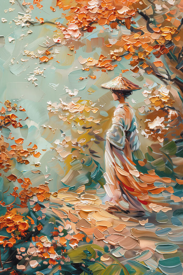 Painting of a woman walking in a park Painting of a woman walking in a park
