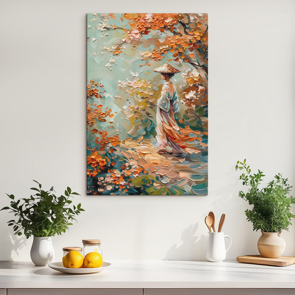 Painting of a woman walking in a park