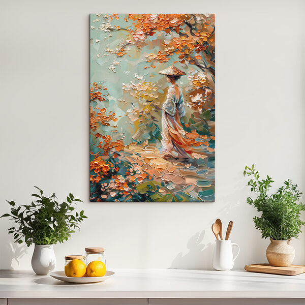 Painting of a woman walking in a park Painting of a woman walking in a park