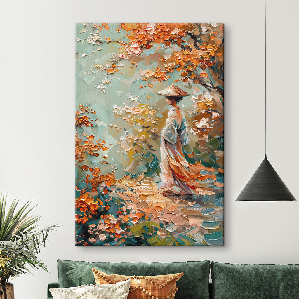 Painting of a woman walking in a park