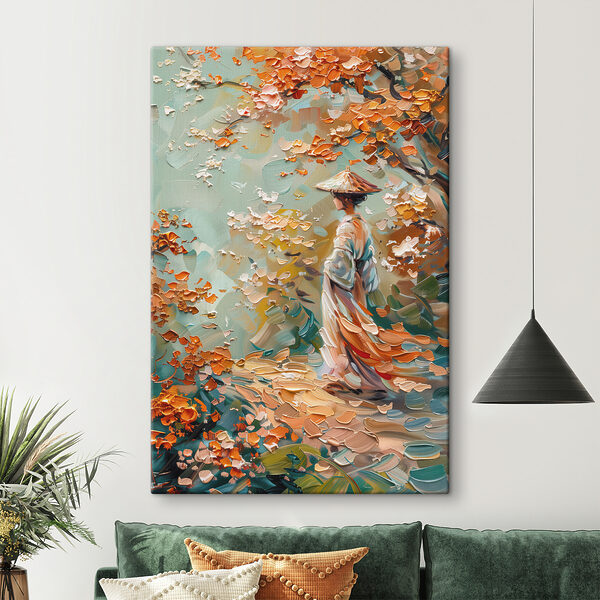 Painting of a woman walking in a park Painting of a woman walking in a park