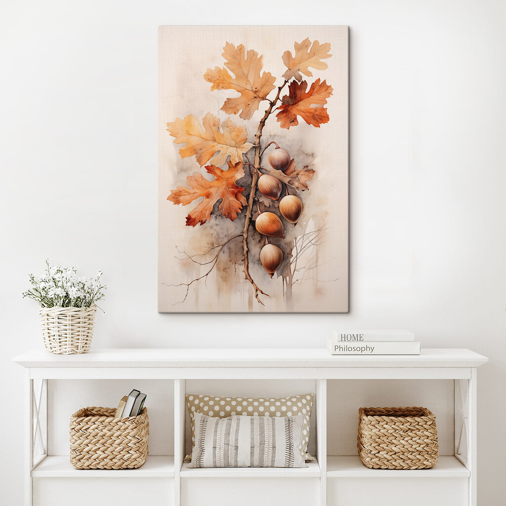 Acorns and leaves on a branch with a white background