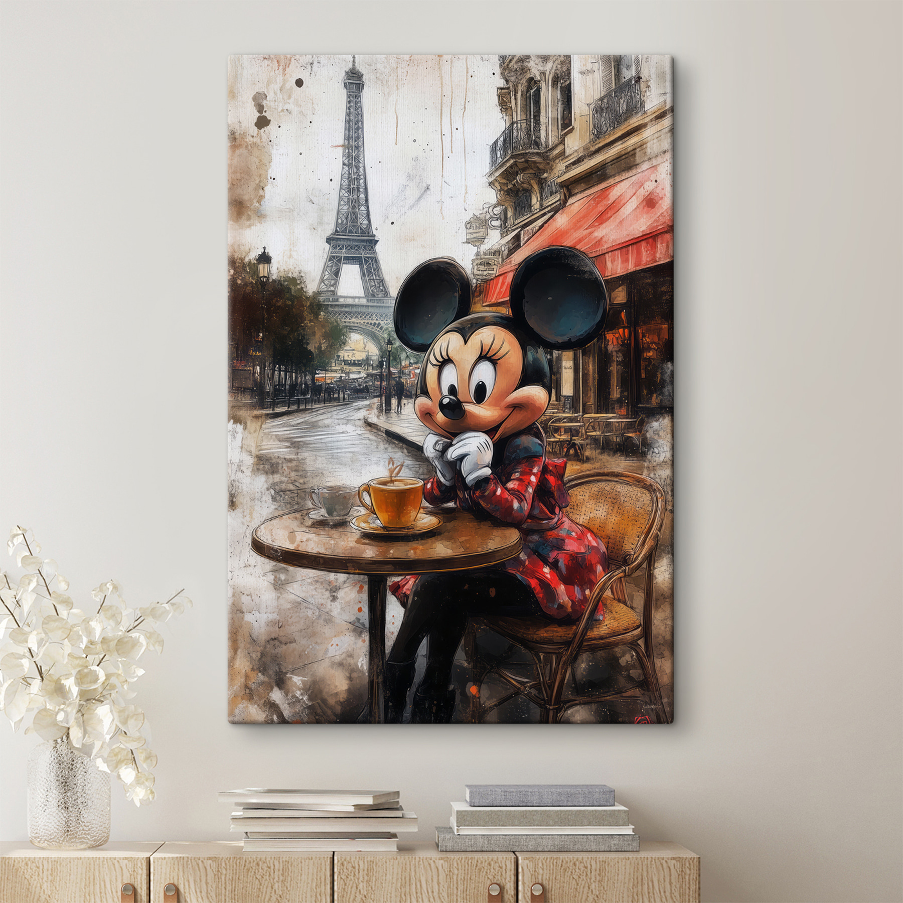 Cartoon character sitting at a table with a cup of tea