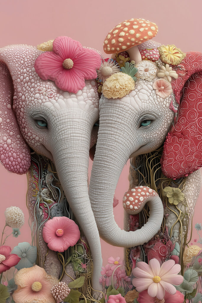 Two elephants with flowers on their heads