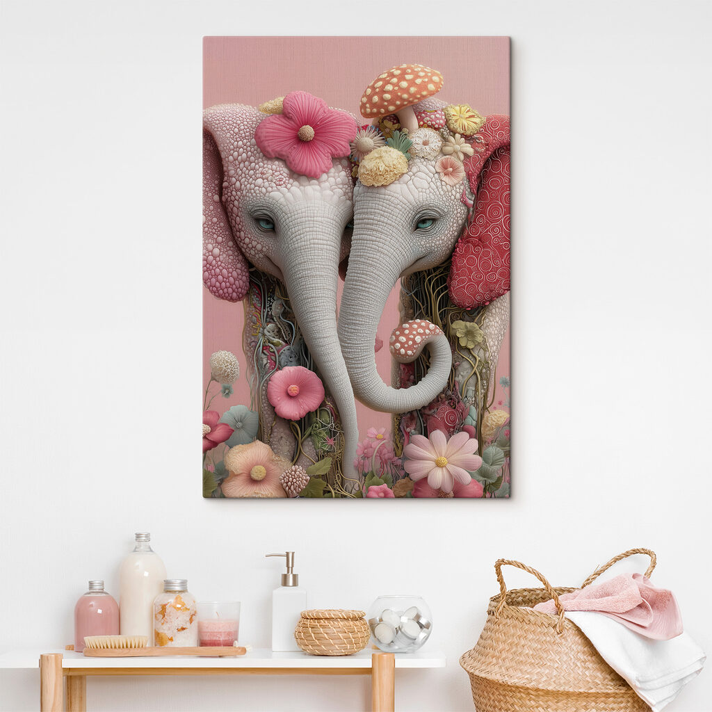 Two elephants with flowers on their heads