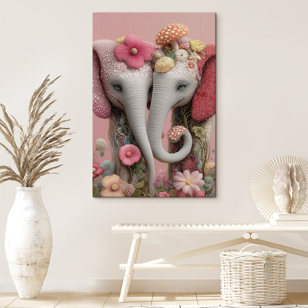 Two elephants with flowers on their heads