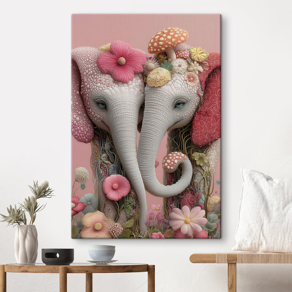 Two elephants with flowers on their heads