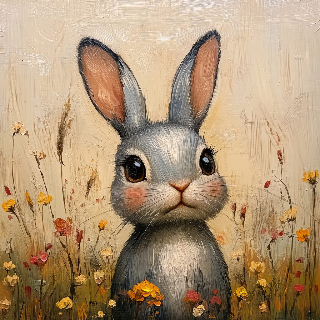 Painting of a rabbit in a field of flowers