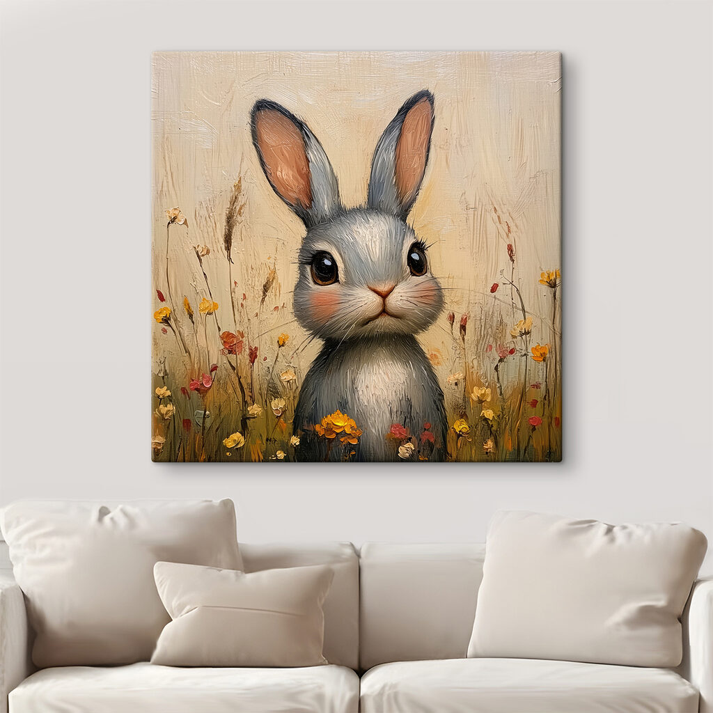 Painting of a rabbit in a field of flowers