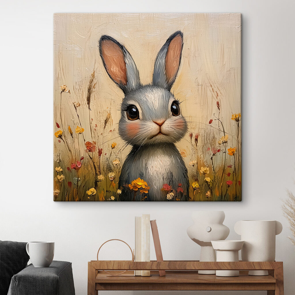 Painting of a rabbit in a field of flowers