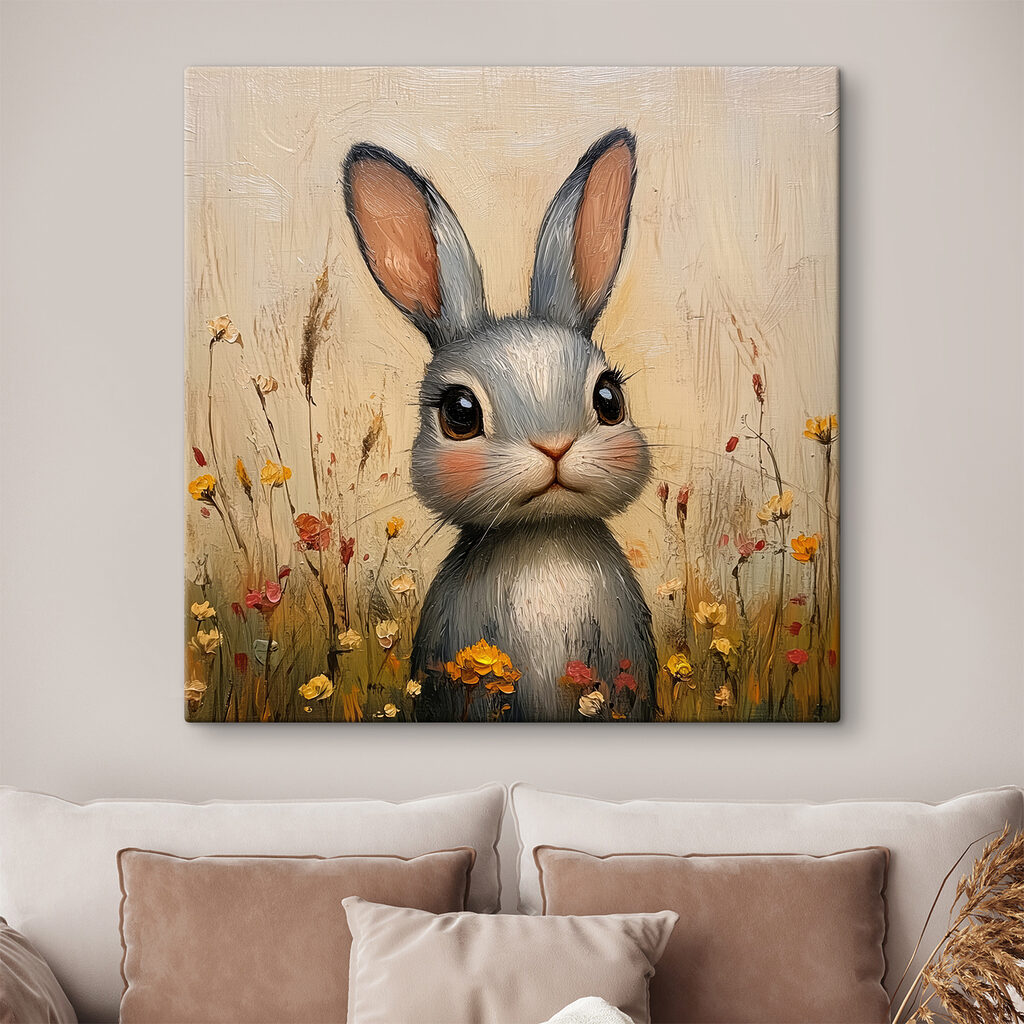 Painting of a rabbit in a field of flowers