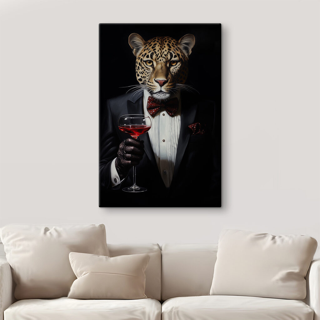Leopard wearing a suit and bow tie holding a wine glass