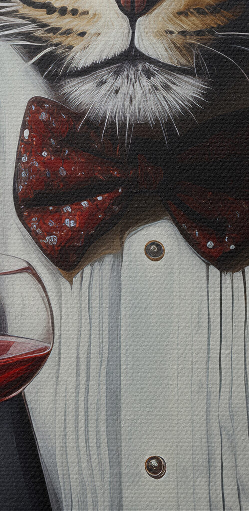 Leopard wearing a suit and bow tie holding a wine glass