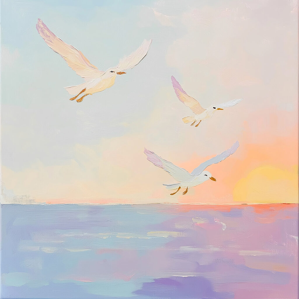Painting of birds flying over water