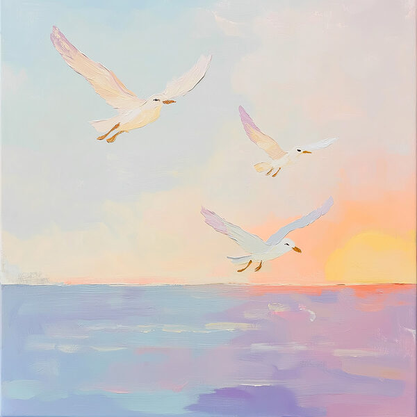 Painting of birds flying over water Painting of birds flying over water