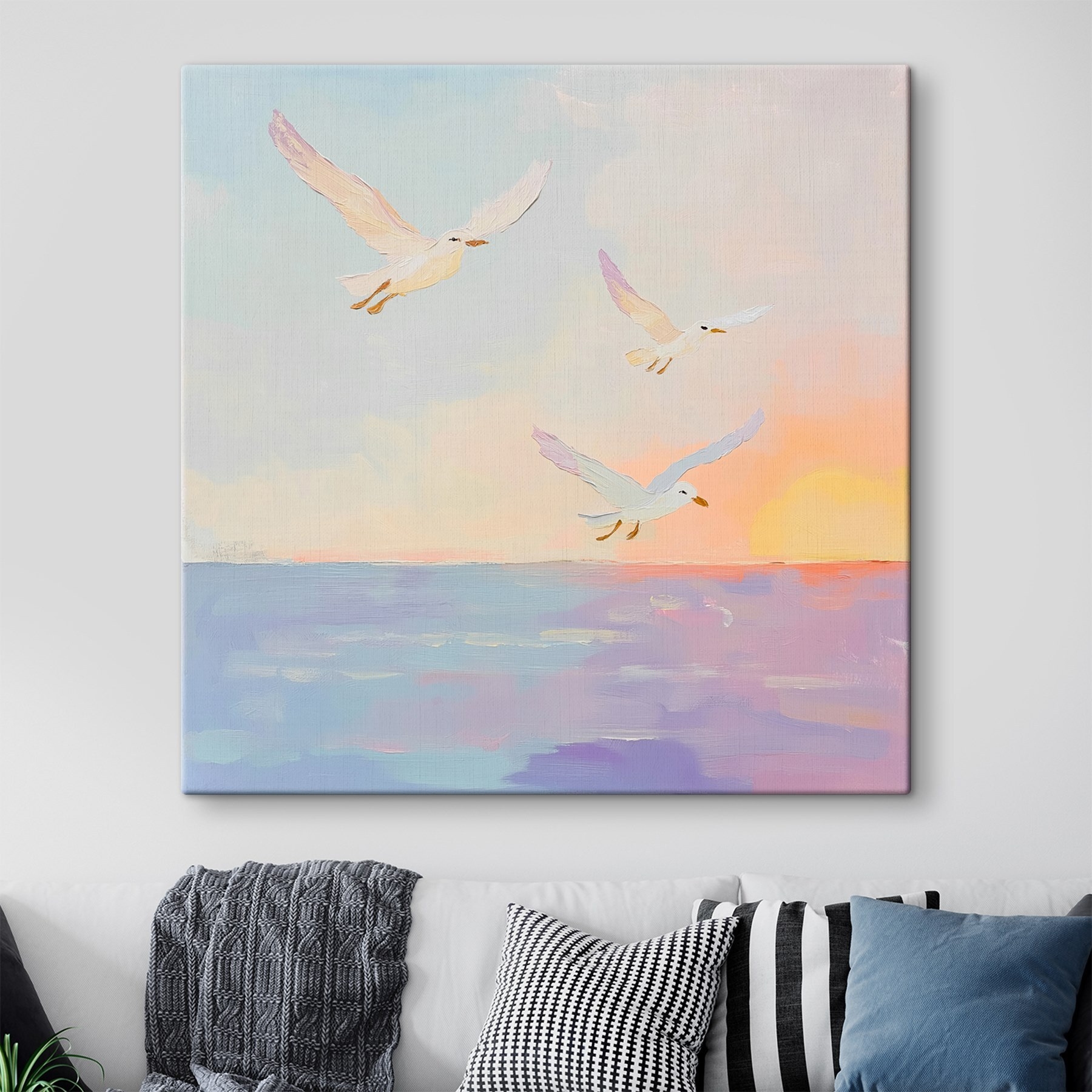 Painting of birds flying over water