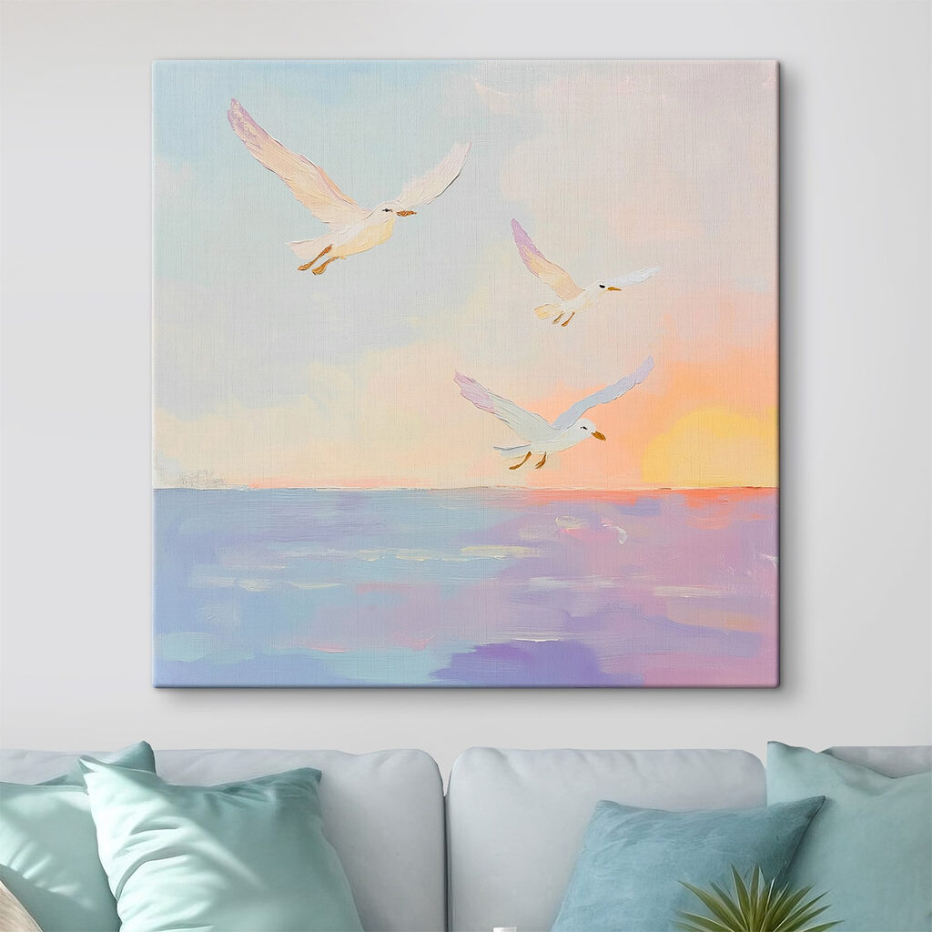 Painting of birds flying over water