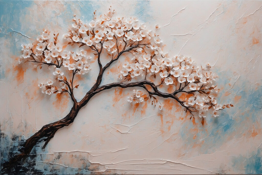 Painting of a tree with white flowers Painting of a tree with white flowers