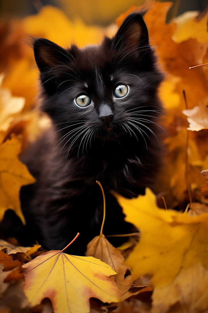Black kitten in a pile of leaves