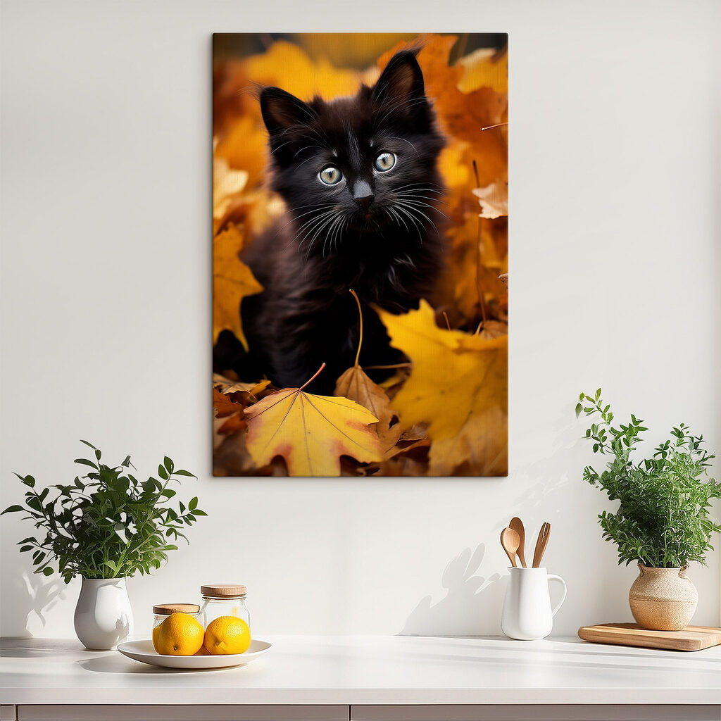 Black kitten in a pile of leaves