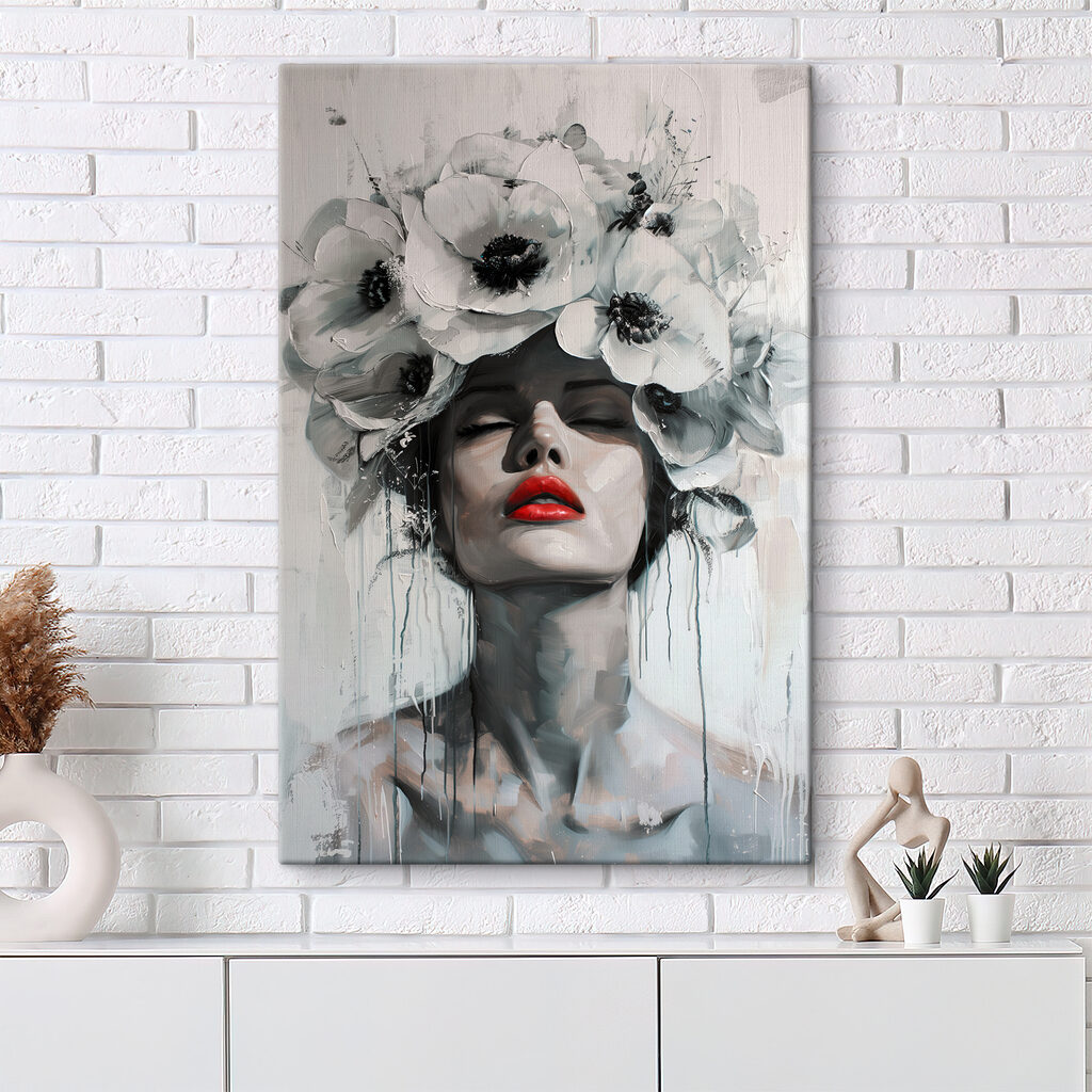 Painting of a woman with flowers on her head Painting of a woman with flowers on her head