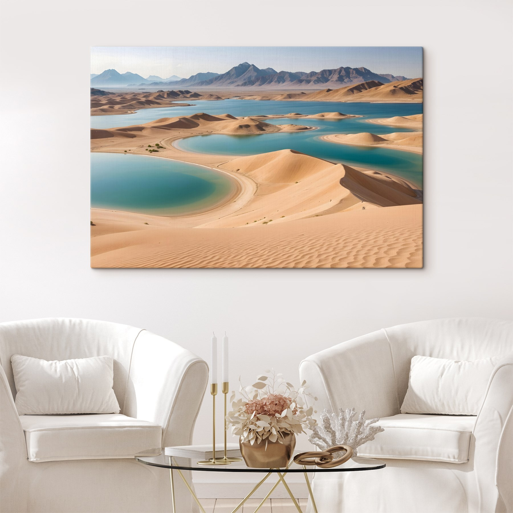 Desert with water and mountains in the background