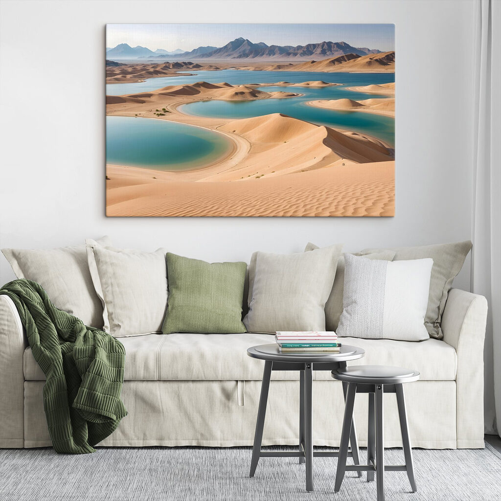 Desert with water and mountains in the background