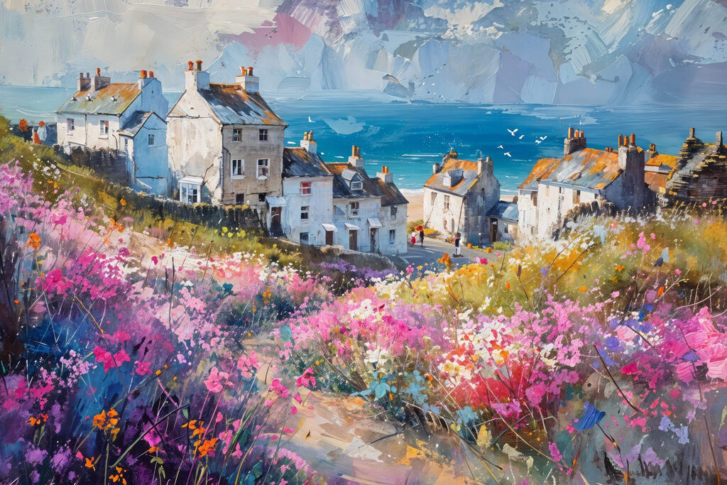 Painting of a village with flowers