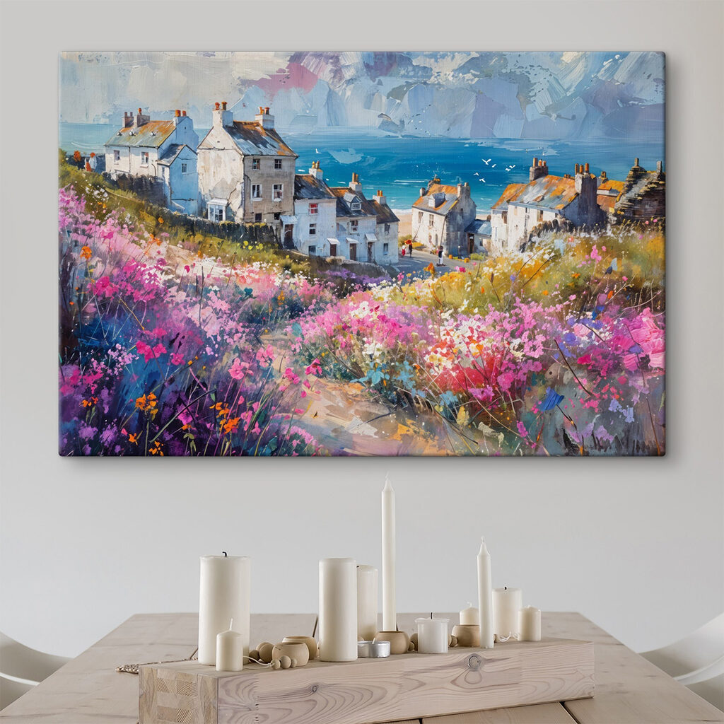 Painting of a village with flowers