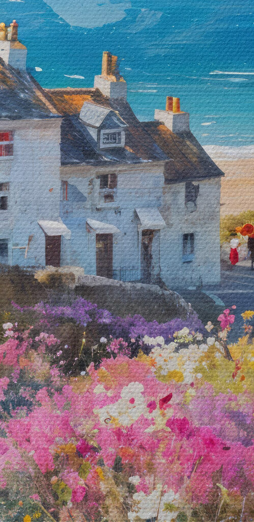 Painting of a village with flowers