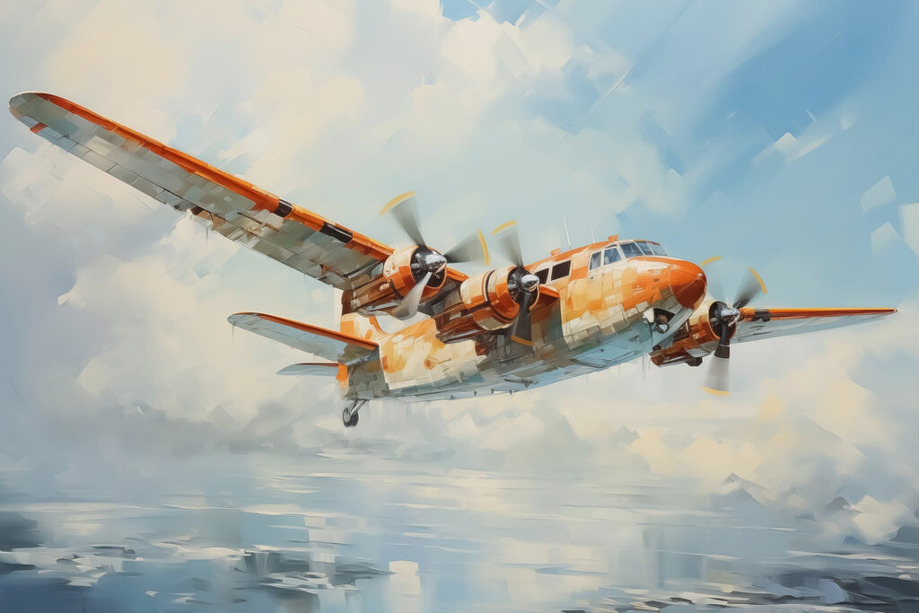 An orange and white airplane flying in the sky