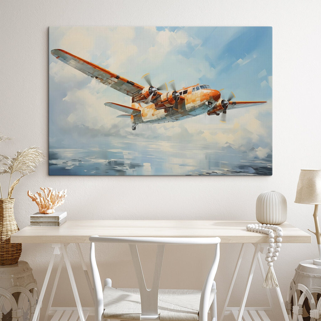 An orange and white airplane flying in the sky