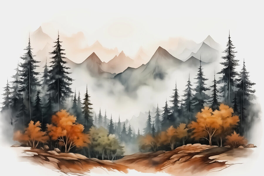 Painting of a forest and mountains Painting of a forest and mountains