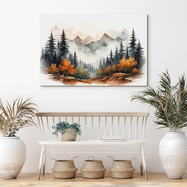 Painting of a forest and mountains Painting of a forest and mountains