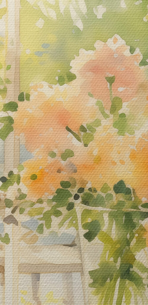 Watercolor painting of a table with flowers and glasses