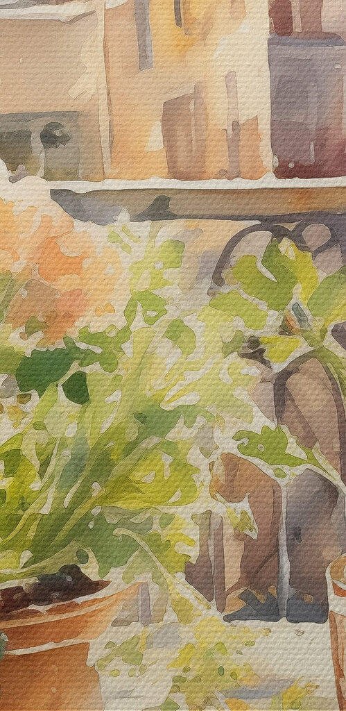 Watercolor painting of a table with food and flowers in front of a window