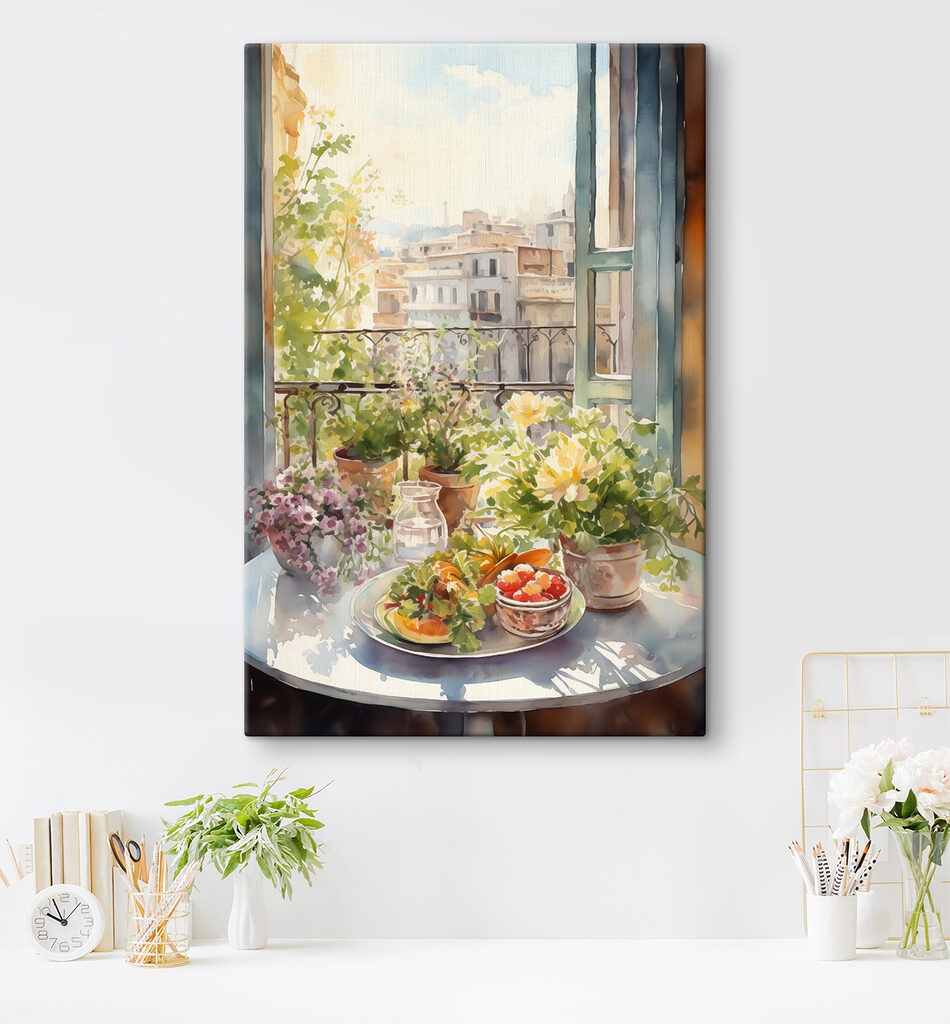 Watercolor painting of flowers and fruits on a table in front of a window Watercolor painting of flowers and fruits on a table in front of a window
